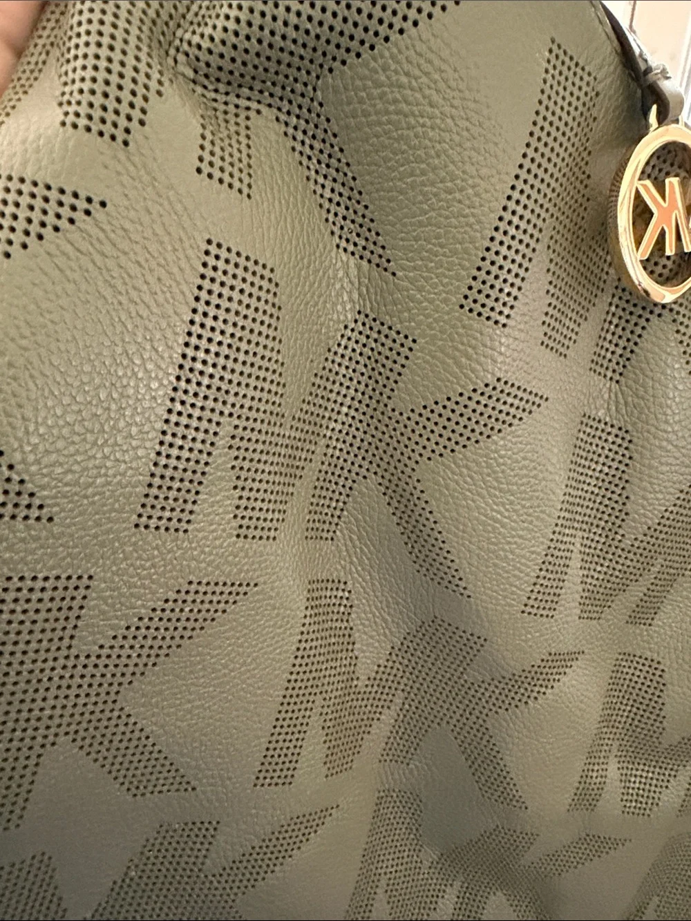 Michael Kors Olive Green Perforated MK Logo Hobo with Gold Charm